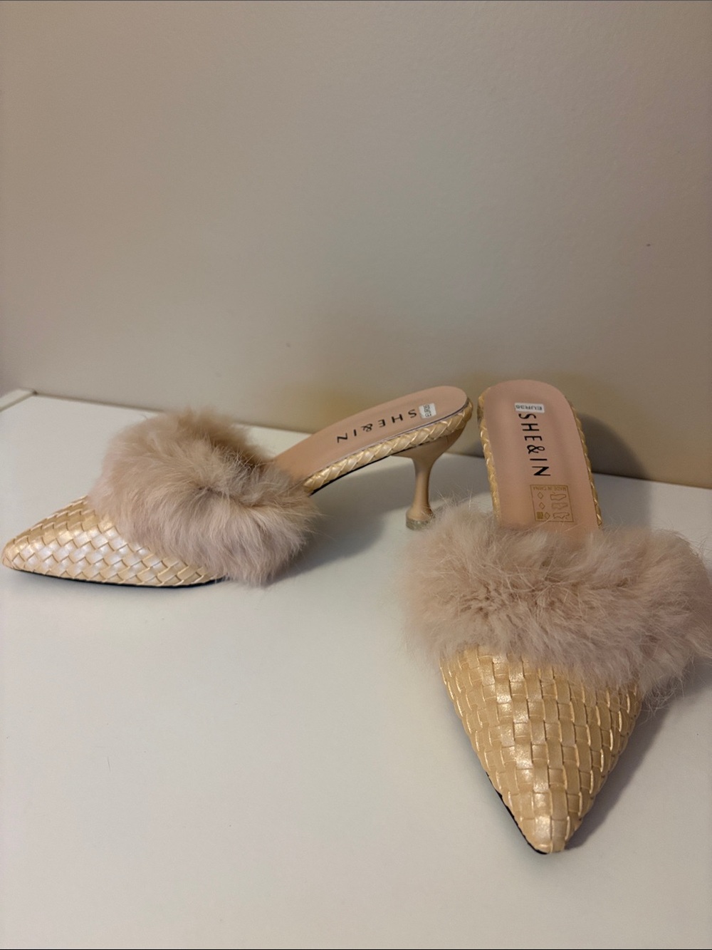 SHEIN Tan Woven Pointed-Toe Mules with Fur Trim